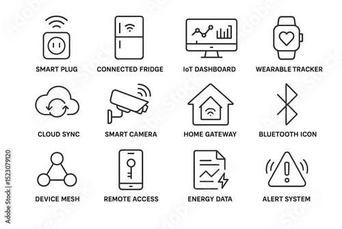 Smart devices and iot icons: plug, fridge, dashboard, wearable, camera, network