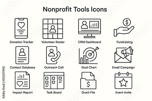 Comprehensive nonprofit tools icons for effective management