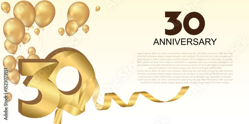 Elegant 30th anniversary celebration with golden balloons, ribbon, and bold 3D numbers. Perfect for greeting cards, banners, or party invitations. Luxurious and festive vector design.