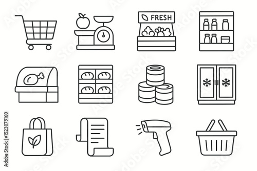 Icons depicting various shopping and grocery store items and equipment