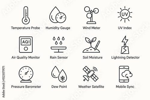 Weather monitoring instruments icons including temperature probe and humidity gauge