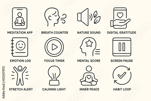 Simple wellness icons for mindfulness and mental wellbeing applications