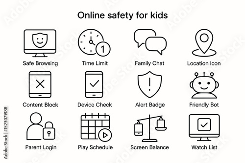 Online safety icons for kids: safe browsing, time limits, family chat, location, content block
