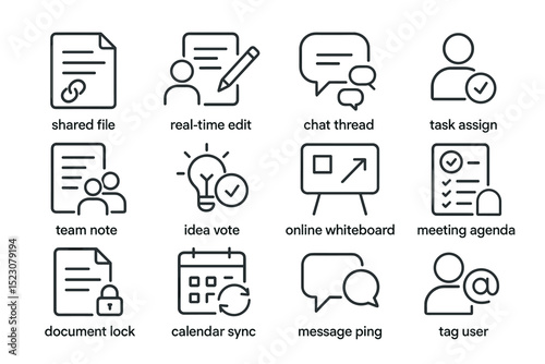 Collaborative work icons set: file sharing, real-time editing, chat, task management