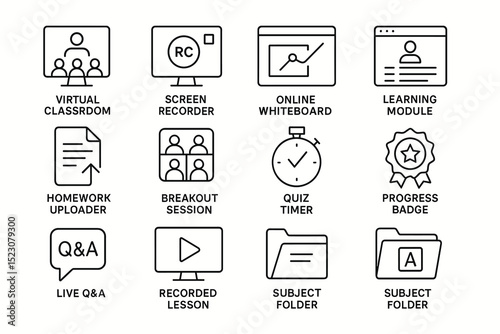 Educational technology icons: virtual classroom, quiz timer, progress badge, online whiteboard