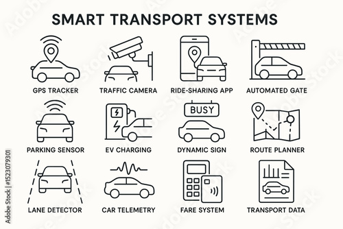 Smart transport systems icons: gps, traffic, ev charging, route planning and more