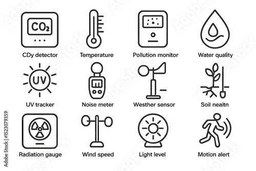 Environmental monitoring icons: sensors for air, water, and soil quality
