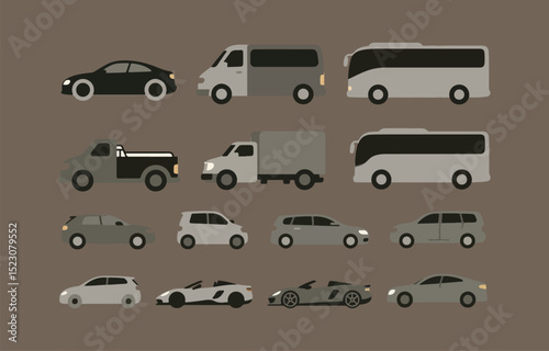 Collection of Various Vehicle Silhouettes in Gray and Black Simple flat illustrations different vehicles including cars