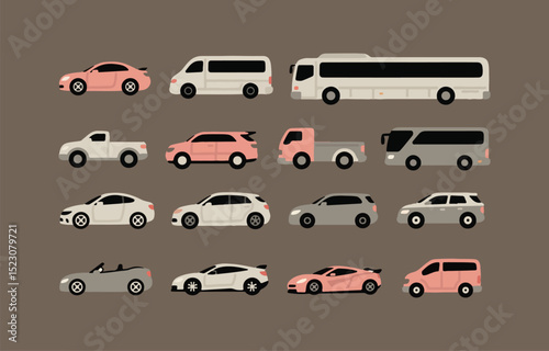 Collection of Colorful Cartoon Vehicles in Various Styles Flat illustrations diverse vehicles including cars vans buses