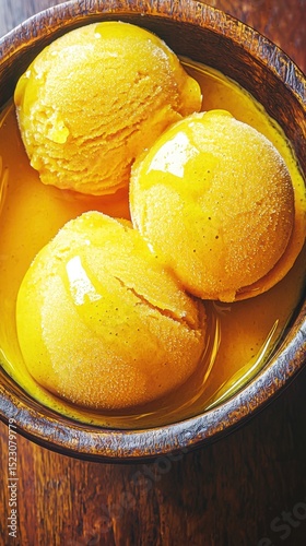 Rustic Bowl of Refreshing Sorbet on Wooden Table