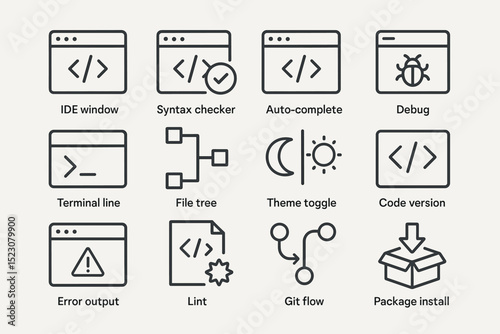 Programming icons set: ide, debug, code version, theme toggle, git flow