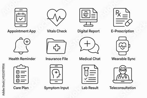 Medical technology icons: appointment app, vitals check, digital report, e-prescription