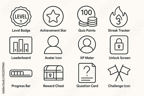 Set of game interface icons: level badge, achievement star, quiz points, progress bar, challenge