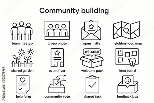 Community building: group, open invite, neighborhood map, shared garden, event flyer