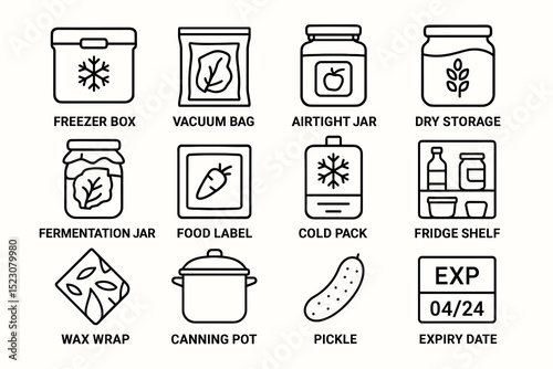 Collection of food storage icons including jars, boxes, and labels