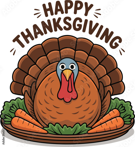 Vibrant Cartoon Thanksgiving Turkey with Happy Thanksgiving Text on Platter
