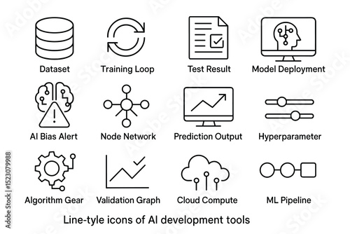 Line style icons of ai development tools including dataset and model deployment