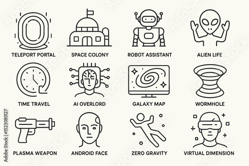 Futuristic icons featuring portal, space colony, robot, alien, and more