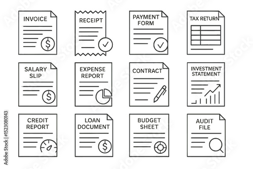 Collection of financial documents icons: invoice, receipt, payment, tax, and more