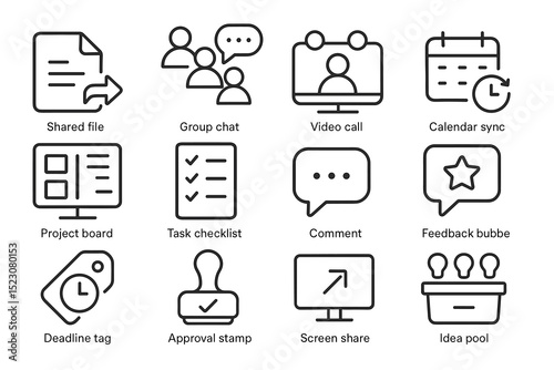 Icon set featuring shared file, group chat, video call, calendar sync, and more