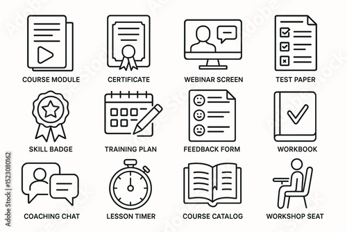 Online education icons: course, certificate, webinar, test, badge, training, feedback, workbook