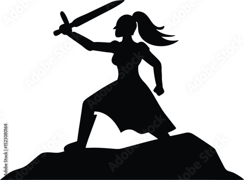 Silhouette of Warrior Woman Holding Sword on Mountain Peak