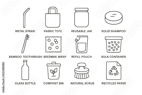 Eco-friendly items: metal straw, reusable jar, bamboo toothbrush, compost bin, recycled paper