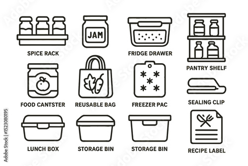 Kitchen organization icons: spice rack, jam, fridge drawer, pantry shelf, and more
