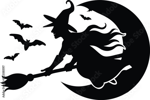 Flying Witch with Bats and Crescent Moon – Spooky Halloween Silhouette Design