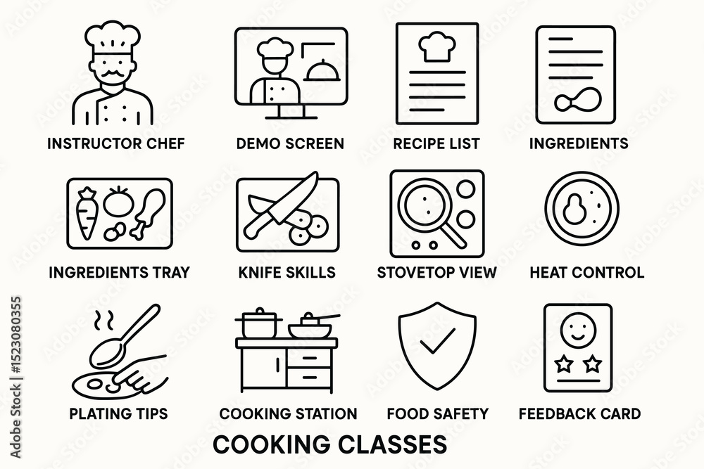 Cooking classes icons: chef, demo screen, recipe list, ingredients, knife skills