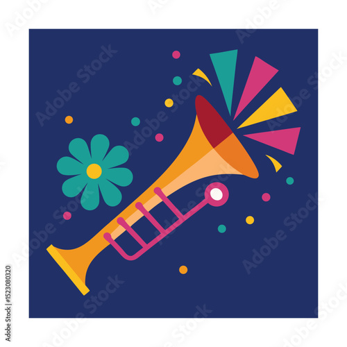 Vibrant trumpet illustration with colorful accents and floral element on a deep blue background