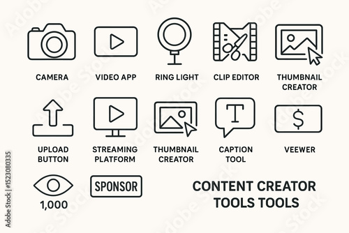 Content creator tools icons: camera, video, ring light, editing, thumbnail, streaming, caption