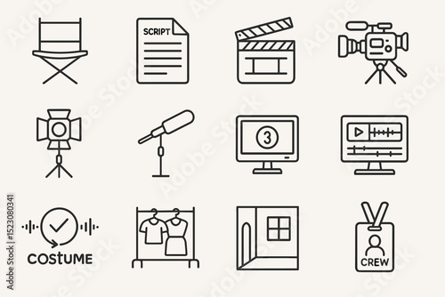 Film production icons set showing equipment and tools for movie making