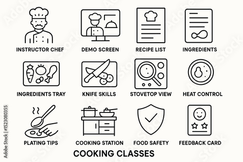 Cooking classes icons: chef, demo screen, recipe list, ingredients, knife skills