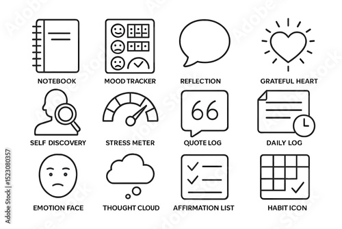 Icons for journaling and self-reflection: notebook, mood tracker, grateful heart, self discovery