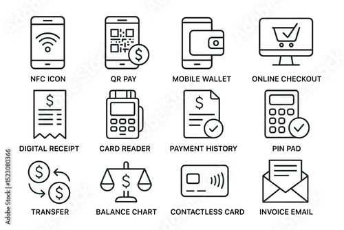 Digital payment icons: nfc, qr pay, mobile wallet, online checkout, contactless card