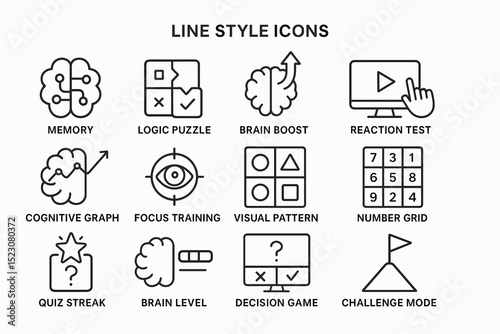 Brain training icons: memory, logic, reaction test, cognitive graph, focus training