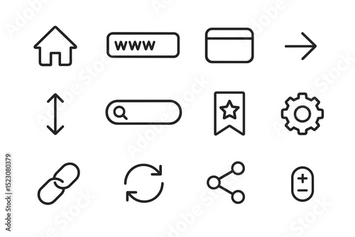 Set of 12 minimalist web and user interface icons in black and white