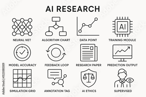 Ai research icons: neural networks, algorithms, data points, training modules, model accuracy