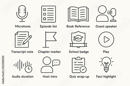 Podcast elements and educational icons set for digital media projects