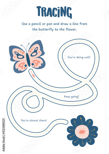 Educational game for children "Tracing". Draw a line from one object to another. A butterfly and a flower. Pink-blue.