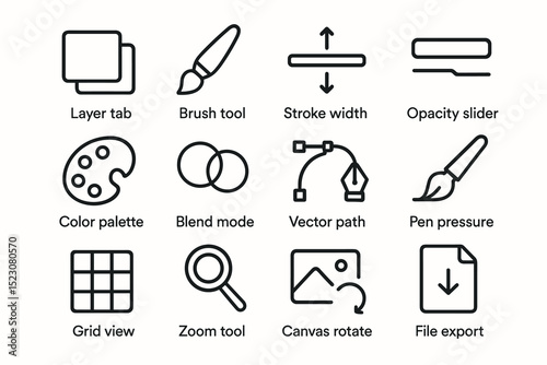 Vector icons for graphic design tools and features including brush, opacity, and export