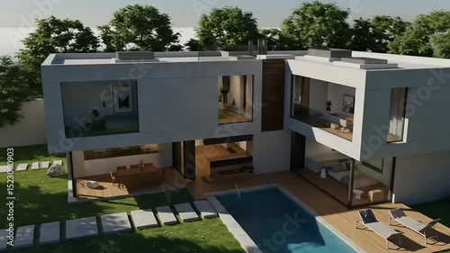 Modern architectural design of a sleek house surrounded by greenery, showcasing outdoor living spaces