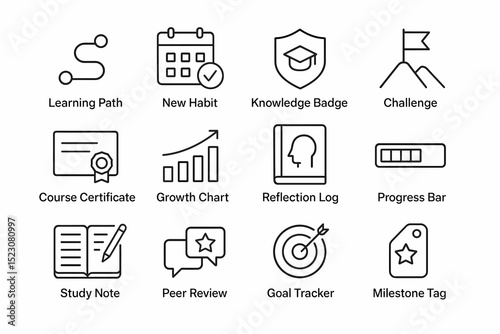 Educational icons set: progress, achievement, and learning tools