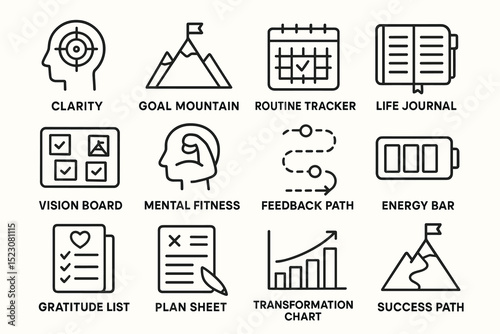 Icons representing personal growth and productivity tools