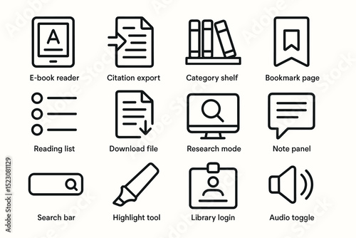 Digital reading tools icons: e-book, citation, research, bookmark, library