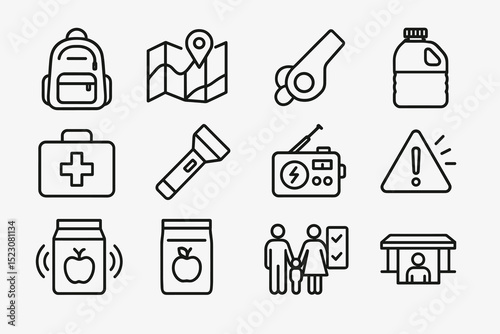 Essential emergency kit items: backpack, map, whistle, water bottle, first aid, flashlight, radio, alert sign, food packets, family check, shelter icon