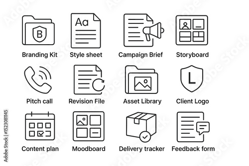 Design and marketing tools icons: asset library, storyboard, branding kit, content plan, feedback form
