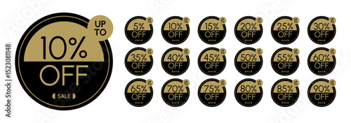 Vector set of round black and gold sale badges with discount percentages from 5% to 90%. Elegant promotional labels for marketing, advertising, and e-commerce use.