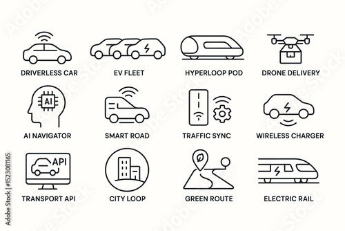 Futuristic transport icons: driverless cars, ev fleet, hyperloop, drone delivery, smart technology